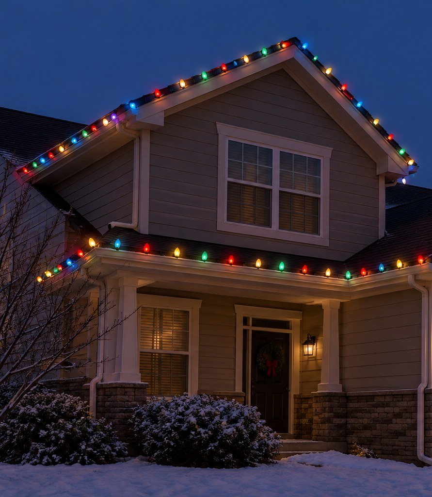Close-up of professionally installed Christmas lights along a roofline by Apex Pressure Washing