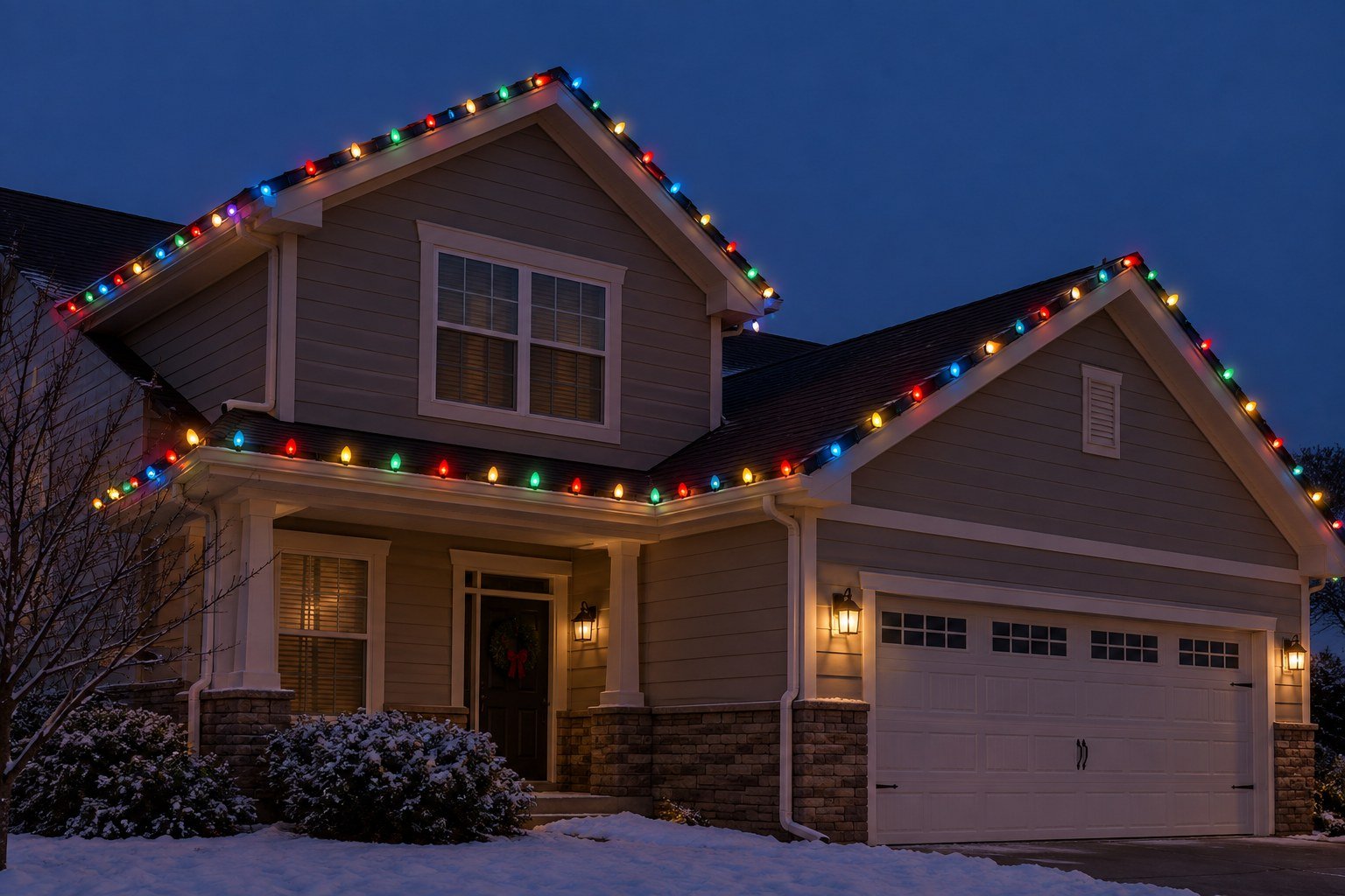 House with professionally installed Christmas lights along the roofline by Apex Pressure Washing
